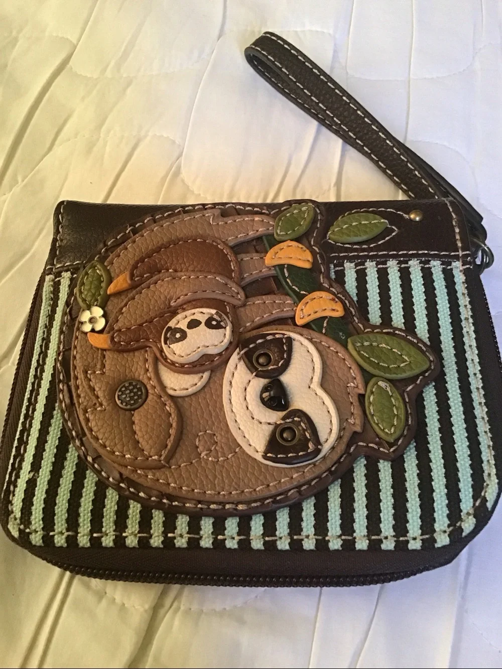Chala Brown Sloth Wristlet with Mint and Dark Brown Stripes